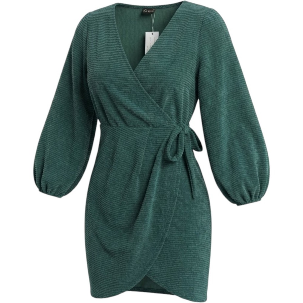 Simplee Dark Green Waffle Corduroy Wrap Mini Dress Long Sleeve V-Neck Size S NWT